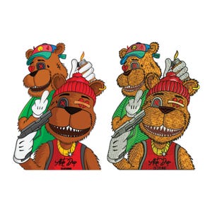 May include: Two cartoon bears wearing red and green hats and holding toy guns. The bears are wearing gold chains and have the text "Art Drop Clothing" on their shirts.