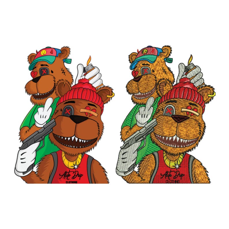 May include: Two cartoon bears wearing red and green hats and holding toy guns. The bears are wearing gold chains and have the text "Art Drop Clothing" on their shirts.