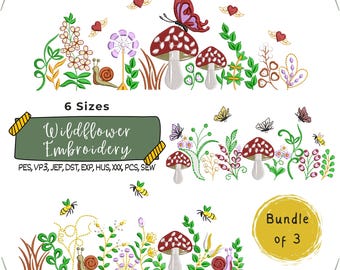 Enchanted Forest Mushrooms, Wildflower Meadow Machine Embroidery Designs, Boho Flower, Woodland Embroidery Bundle, 6 Sizes, Instant Download