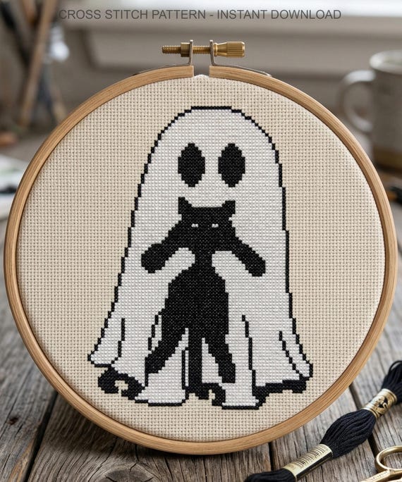 Ghost and Black Cat Cross Stitch Pattern | Spooky Needlework | Instant Download PDF