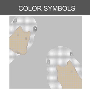 May include: A diamond painting pattern titled COLOR SYMBOLS featuring two stylized white bird heads with tan beaks against a light gray background. The design is composed of a grid of small heart-shaped icons, with black arrow symbols marking the eyes.