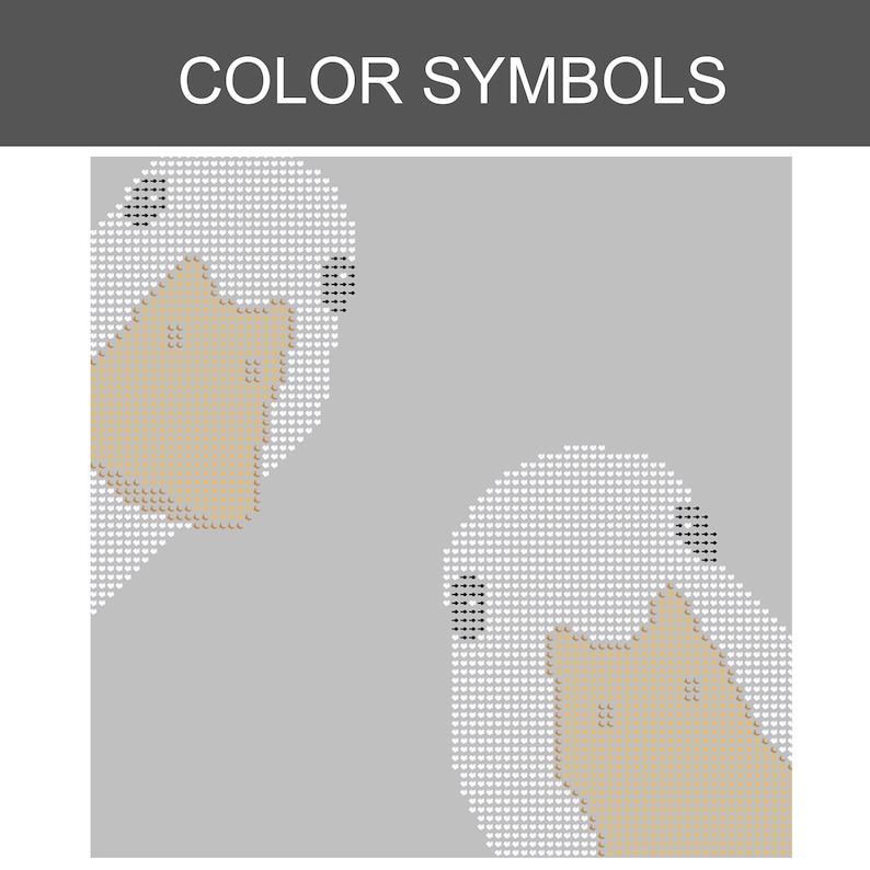 May include: A diamond painting pattern titled COLOR SYMBOLS featuring two stylized white bird heads with tan beaks against a light gray background. The design is composed of a grid of small heart-shaped icons, with black arrow symbols marking the eyes.