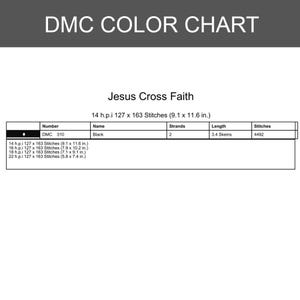 Puede incluir: Una tabla de colores DMC para un patr&oacute;n Jesus Cross Faith. La tabla enumera el hilo negro DMC 310, que requiere 2 hebras, 3,4 madejas y 4492 puntadas. Incluye dimensiones para telas de 14, 16, 18 y 22 h.p.i., de 23,1 x 29,5 cm a 14,7 x 18,8 cm.