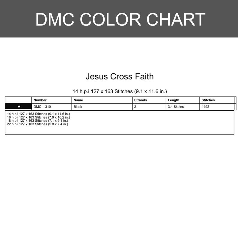 Puede incluir: Una tabla de colores DMC para un patr&oacute;n Jesus Cross Faith. La tabla enumera el hilo negro DMC 310, que requiere 2 hebras, 3,4 madejas y 4492 puntadas. Incluye dimensiones para telas de 14, 16, 18 y 22 h.p.i., de 23,1 x 29,5 cm a 14,7 x 18,8 cm.