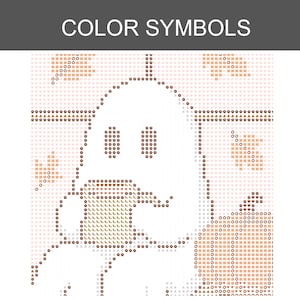 Peut inclure: Un diagramme de point de croix intitul&eacute; COLOR SYMBOLS repr&eacute;sentant un fant&ocirc;me, des feuilles d'automne et une citrouille. Le motif utilise divers symboles marron et beige sur une grille pour indiquer les couleurs d'un projet de broderie.