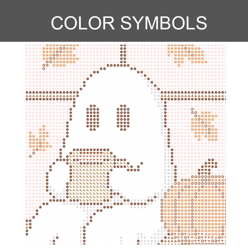 Peut inclure: Un diagramme de point de croix intitul&eacute; COLOR SYMBOLS repr&eacute;sentant un fant&ocirc;me, des feuilles d'automne et une citrouille. Le motif utilise divers symboles marron et beige sur une grille pour indiquer les couleurs d'un projet de broderie.