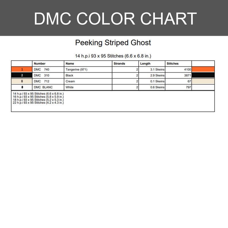 May include: A DMC colour chart for a cross-stitch pattern titled Peeking Striped Ghost. The table lists thread numbers 740, 310, 712, and Blanc with corresponding colours tangerine, black, cream, and white, including stitch counts and skein lengths.