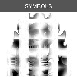 May include: A cross-stitch pattern chart titled SYMBOLS, featuring a grid of black alphanumeric characters and symbols including numbers 2, 4, 6, 9, letters B, D, and crescent moon icons arranged to form a complex, dense, and detailed graphic design.