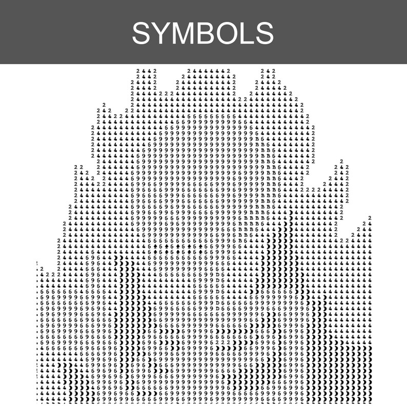 May include: A cross-stitch pattern chart titled SYMBOLS, featuring a grid of black alphanumeric characters and symbols including numbers 2, 4, 6, 9, letters B, D, and crescent moon icons arranged to form a complex, dense, and detailed graphic design.