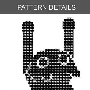 K&ouml;nnte beinhalten: Ein schwarz-wei&szlig;es Pixel-Art-Muster mit der &Uuml;berschrift PATTERN DETAILS. Das Design zeigt die gitterbasierte Silhouette einer Figur mit zwei hohen Ohren, kreisf&ouml;rmigen Augen und einem geschwungenen Mund, gef&uuml;llt mit Pfeilsymbolen und der Zahl 1.