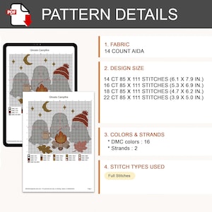 May include: A digital cross-stitch pattern titled Ghosts Campfire featuring three ghosts around a campfire with a moon and stars. Details include 14 count Aida fabric, 16 DMC colors, 2 strands, and full stitches. Design sizes range from 6.1 x 7.9 inches to 3.9 x 5.0 inches.