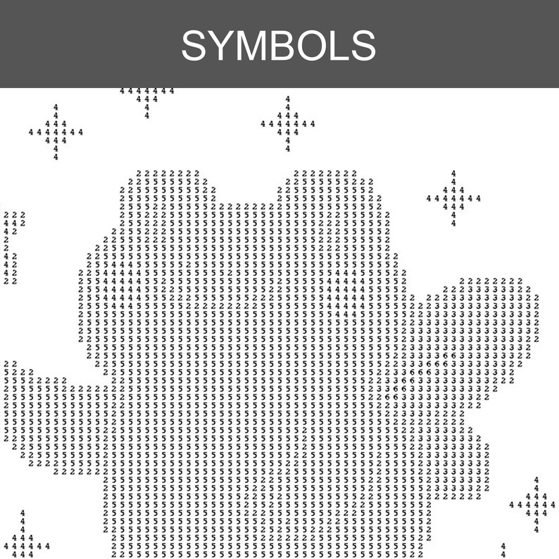 May include: A black and white image with the word "SYMBOLS" at the top. The image is composed of various numerical symbols, including 2, 3, 4, and 5, arranged to form abstract shapes. The background is a solid gray.