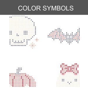 K&ouml;nnte beinhalten: Ein Kreuzstichmuster mit der &Uuml;berschrift COLOR SYMBOLS, das vier Motive zeigt: einen Totenkopf, eine Fledermaus, einen K&uuml;rbis und eine Katze. Jedes Symbol besteht aus kleinen farbigen Zeichen und Sternen auf einem wei&szlig;en Raster f&uuml;r Stickereien.