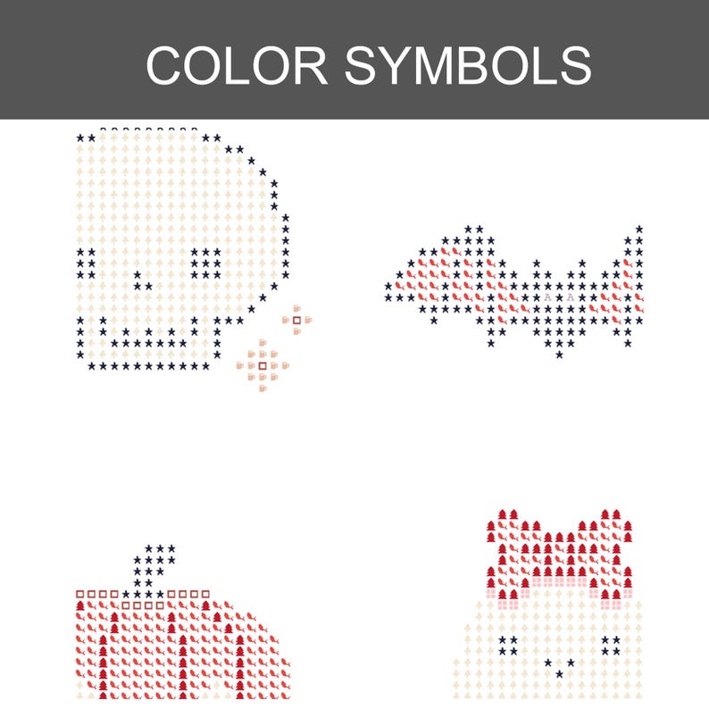 K&ouml;nnte beinhalten: Ein Kreuzstichmuster mit der &Uuml;berschrift COLOR SYMBOLS, das vier Motive zeigt: einen Totenkopf, eine Fledermaus, einen K&uuml;rbis und eine Katze. Jedes Symbol besteht aus kleinen farbigen Zeichen und Sternen auf einem wei&szlig;en Raster f&uuml;r Stickereien.