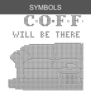 May include: A black and white cross-stitch pattern featuring the text SYMBOLS at the top, followed by C-O-F-F-E-E and WILL BE THERE. Below the text is a large, detailed graphic composed of various small symbols like hearts, moons, and circles.