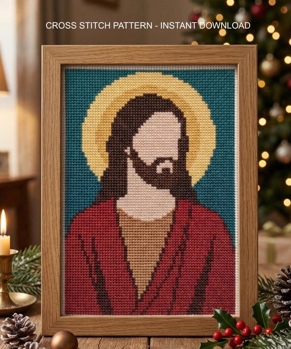 Jesus Portrait Cross Stitch Pattern, Christian Needlepoint, Christ Embroidery, Instant Download PDF