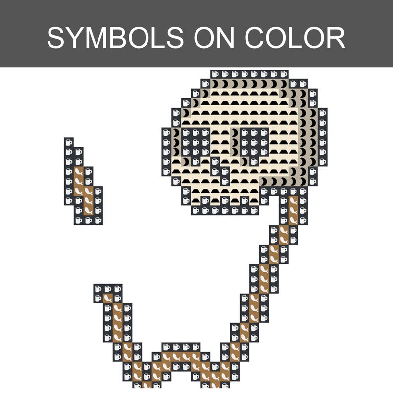 May include: A cross-stitch pattern chart titled SYMBOLS ON COLOR featuring a pixelated skull design. The skull is composed of black, white, and tan squares with small coffee mug and crescent moon symbols. A lightning bolt and a long, winding tail are included.