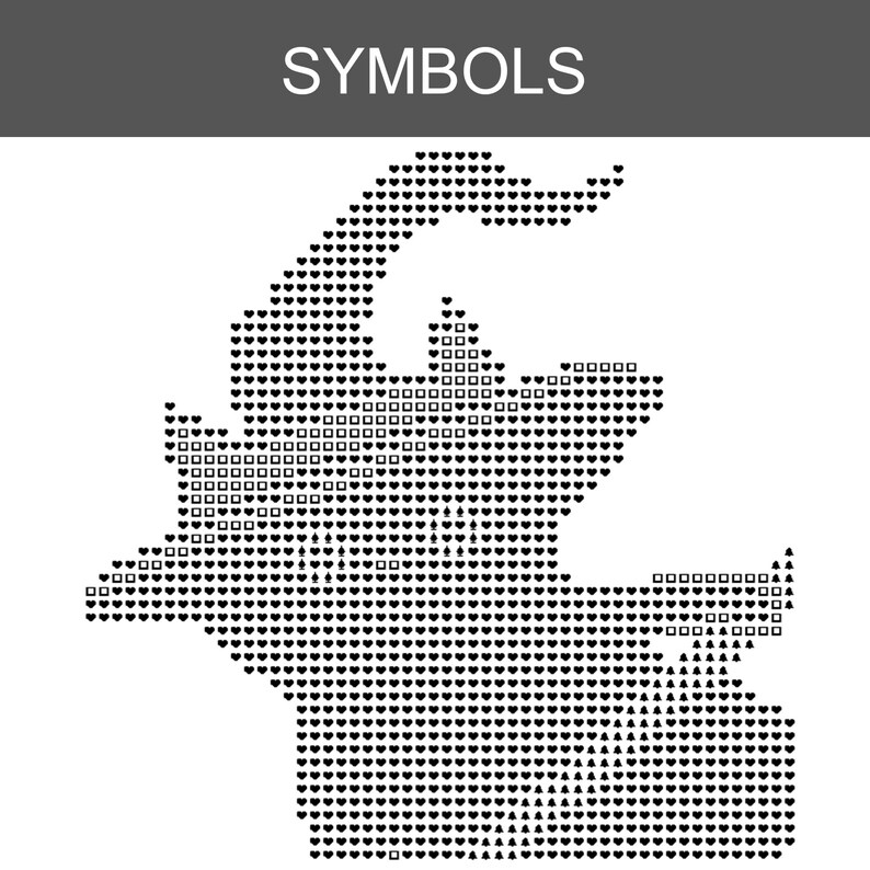 Puede incluir: Un patr&oacute;n de punto de cruz en blanco y negro con la palabra SYMBOLS en la parte superior. El dise&ntilde;o muestra la silueta de una cabeza de criatura compuesta por varios peque&ntilde;os s&iacute;mbolos geom&eacute;tricos negros, incluyendo corazones, cuadrados y tri&aacute;ngulos.