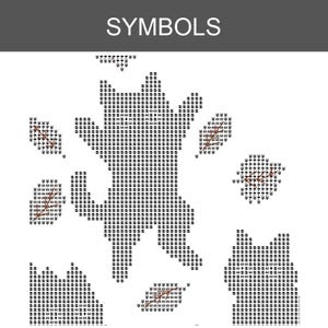 May include: A cross-stitch pattern chart titled SYMBOLS featuring a central cat silhouette surrounded by scattered leaves. The design is composed of black and white grid symbols with brown branch details on the leaves, presented on a white background.