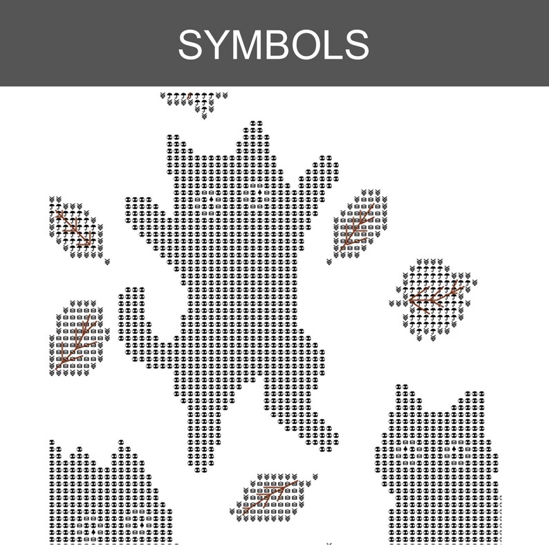 May include: A cross-stitch pattern chart titled SYMBOLS featuring a central cat silhouette surrounded by scattered leaves. The design is composed of black and white grid symbols with brown branch details on the leaves, presented on a white background.
