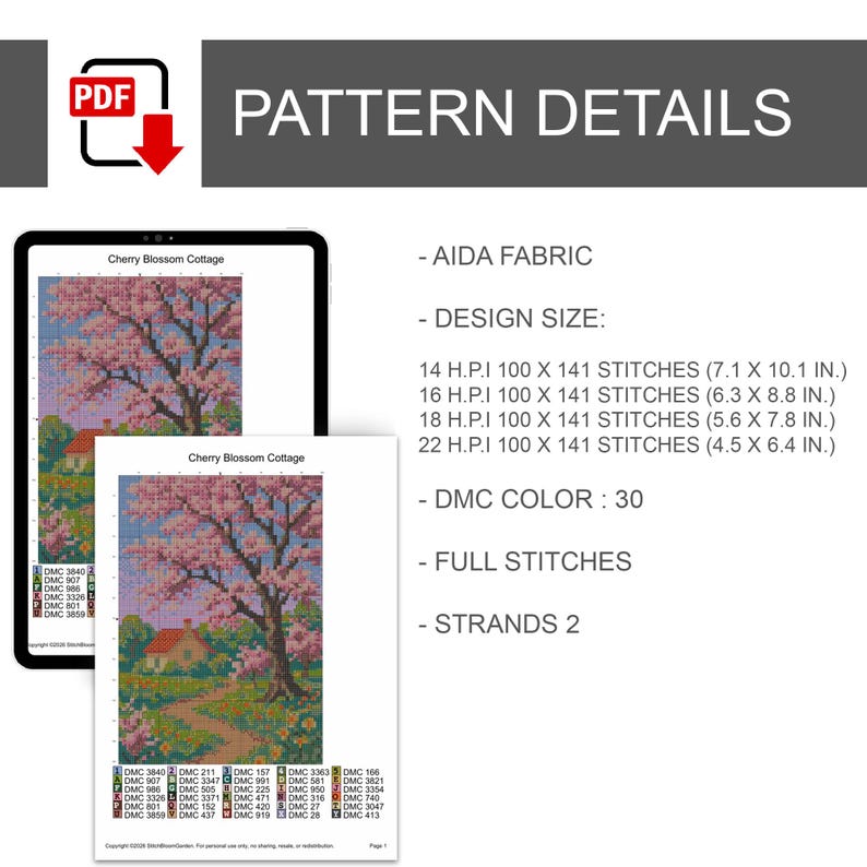 Puede incluir: Un patr&oacute;n de punto de cruz digital titulado "Cherry Blossom Cottage" que se muestra en una tableta e impreso en papel. El tama&ntilde;o del dise&ntilde;o se especifica en pulgadas, con opciones para 14, 16, 18 y 22 H.P.I. Los detalles del patr&oacute;n incluyen tela Aida, 30 colores DMC, puntadas completas y 2 hebras.