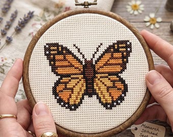 Monarch Butterfly Cross Stitch Pattern, Orange Insect Cottagecore Needlepoint Chart, Botanical Nature Wall Decor Craft Digital Download