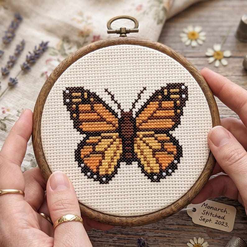 Monarch Butterfly Cross Stitch Pattern, Orange Insect Cottagecore Needlepoint Chart, Botanical Nature Wall Decor Craft Digital Download image 1