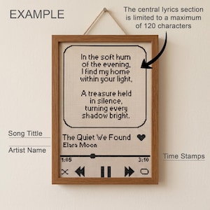 Pode incluir: Uma tape&ccedil;aria de parede em ponto cruz emoldurada com um design de interface de reprodutor de m&uacute;sica. O texto diz: In the soft hum of the evening, I find my home within your light, A treasure held in silence, turning every shadow bright.