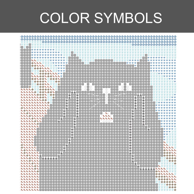 K&ouml;nnte beinhalten: Ein Kreuzstichmuster-Diagramm mit dem Titel COLOR SYMBOLS, das ein Raster aus verschiedenen geometrischen Symbolen zeigt. Das Design stellt eine stilisierte Katzenfigur dar, die aus dunkelgrauen quadratischen Symbolen auf einem hellblauen und wei&szlig;en Hintergrundraster besteht.