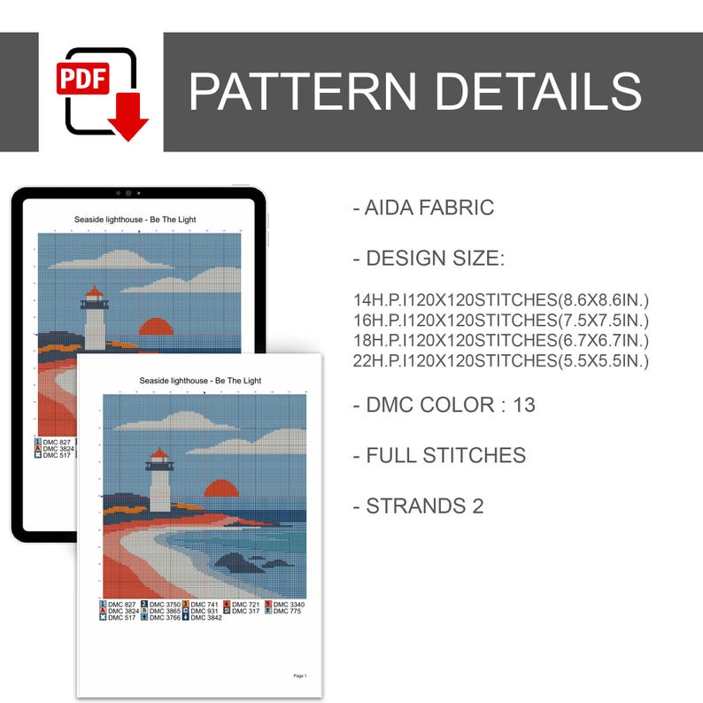 May include: Digital cross-stitch pattern details. The image shows a cross-stitch design of a seaside lighthouse with a sunset. The design size is listed in inches. The pattern includes 13 DMC colors and full stitches.