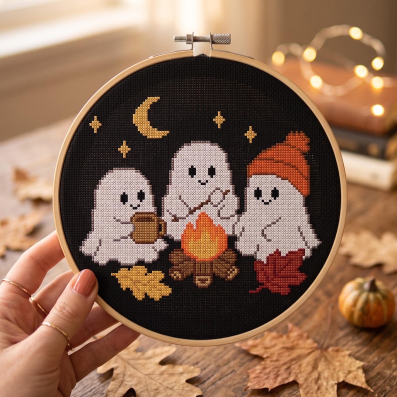 Spöken lägereld korsstygnsmönster, Rozing marshmallows höstnatt nålsticksdiagram, kuslig säsong mysig höstpyssel digital nedladdning bild 3