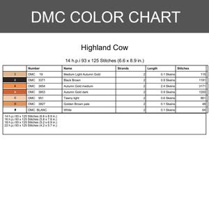 May include: DMC color chart for "Highland Cow" cross-stitch project. Includes color numbers, names, and stitch counts. Chart dimensions are 6.6 x 8.9 inches for 14 h.p.i. Includes color details for 19, 3371, 3854, 3853, 951, 3827, and Blanc.