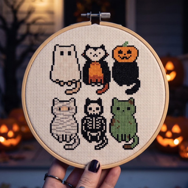 Puede incluir: Un bastidor de bordado circular de madera que contiene un patr&oacute;n de punto de cruz de seis gatos con disfraces de Halloween. Los gatos est&aacute;n representados como un fantasma, vampiro, calabaza, momia, esqueleto y monstruo verde en tela blanca.