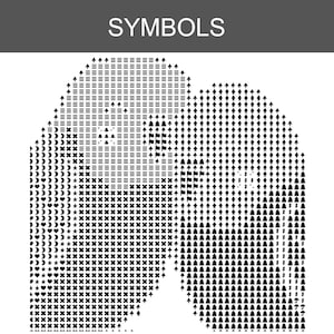 K&ouml;nnte beinhalten: Ein schwarz-wei&szlig;es Kreuzstichmuster mit der &Uuml;berschrift SYMBOLS am oberen Rand. Das Design zeigt zwei abgerundete Formen, die mit einem dichten Raster aus sich wiederholenden schwarzen Symbolen wie horizontalen Linien, Halbmonden, Herzen, Sternen, B&auml;umen und Flaggen gef&uuml;llt sind.