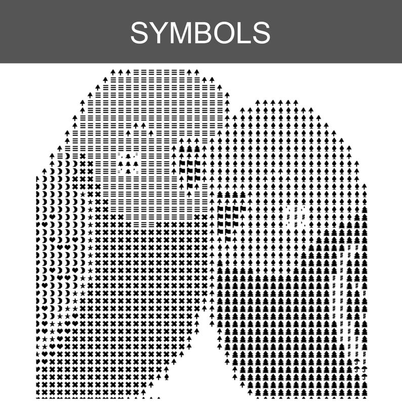 K&ouml;nnte beinhalten: Ein schwarz-wei&szlig;es Kreuzstichmuster mit der &Uuml;berschrift SYMBOLS am oberen Rand. Das Design zeigt zwei abgerundete Formen, die mit einem dichten Raster aus sich wiederholenden schwarzen Symbolen wie horizontalen Linien, Halbmonden, Herzen, Sternen, B&auml;umen und Flaggen gef&uuml;llt sind.