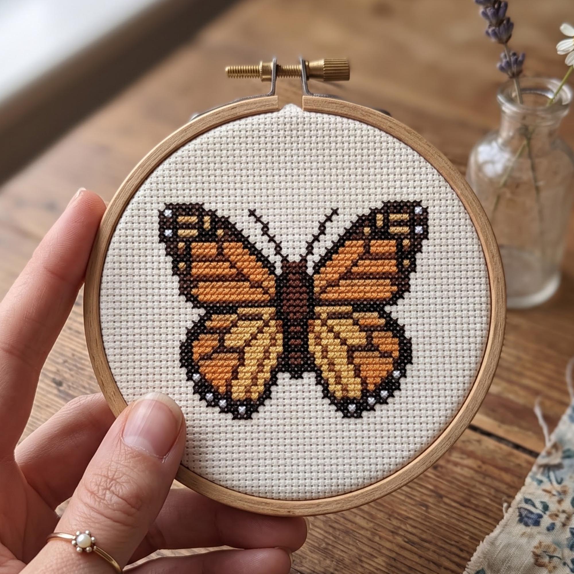 Monarch Butterfly Cross Stitch Pattern, Orange Insect Cottagecore Needlepoint Chart, Botanical Nature Wall Decor Craft Digital Download image 2