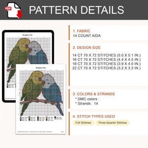 K&ouml;nnte beinhalten: Ein digitales Kreuzstichmuster mit dem Titel Budgies Pair, das einen gr&uuml;nen und einen blauen Wellensittich auf einem Ast zeigt. Das Dokument listet 14-Count-Aida-Stoff, Designgr&ouml;&szlig;en von 12,7 x 13,0 cm bis 8,1 x 8,4 cm, DMC-Farben und Stiche auf.