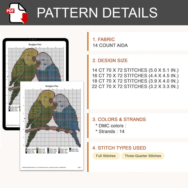 K&ouml;nnte beinhalten: Ein digitales Kreuzstichmuster mit dem Titel Budgies Pair, das einen gr&uuml;nen und einen blauen Wellensittich auf einem Ast zeigt. Das Dokument listet 14-Count-Aida-Stoff, Designgr&ouml;&szlig;en von 12,7 x 13,0 cm bis 8,1 x 8,4 cm, DMC-Farben und Stiche auf.