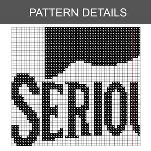 K&ouml;nnte beinhalten: Schwarz-wei&szlig;es Kreuzstichmuster mit dem Wort "SERIO!" in fetten Buchstaben. &Uuml;ber dem Wort befindet sich ein Flaggen-Design. Der Text "PATTERN DETAILS" wird oben im Bild angezeigt.