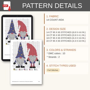Op de afbeelding: Een digitaal kruissteekpatroon PDF met twee kabouters. De details vermelden 14-count Aida-stof, ontwerpafmetingen van 17,3 x 11,7 cm tot 10,9 x 7,6 cm, 10 DMC-kleuren, 2 draden en volledige steken voor de illustratie van de kabouters.