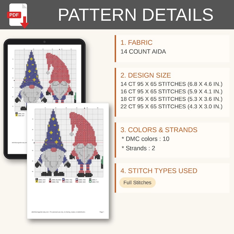 Op de afbeelding: Een digitaal kruissteekpatroon PDF met twee kabouters. De details vermelden 14-count Aida-stof, ontwerpafmetingen van 17,3 x 11,7 cm tot 10,9 x 7,6 cm, 10 DMC-kleuren, 2 draden en volledige steken voor de illustratie van de kabouters.