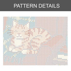 May include: A cross-stitch pattern chart titled PATTERN DETAILS, featuring a grid of alphanumeric symbols and characters in various colors including red, blue, yellow, and black, organized to represent a visual design for needlework projects.