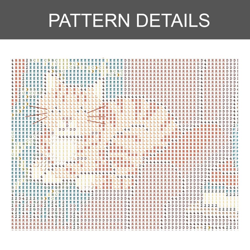 May include: A cross-stitch pattern chart titled PATTERN DETAILS, featuring a grid of alphanumeric symbols and characters in various colors including red, blue, yellow, and black, organized to represent a visual design for needlework projects.