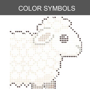 K&ouml;nnte beinhalten: Ein Kreuzstichmuster mit der &Uuml;berschrift COLOR SYMBOLS, das den Umriss eines Schafes zeigt. Das Design verwendet dunkelbraune Herzsymbole f&uuml;r den Rand, w&auml;hrend die Innendetails aus beigen Sternen, Quadraten, Kreisen und Linien bestehen.