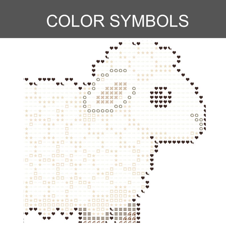K&ouml;nnte beinhalten: Ein Kreuzstichmuster mit der &Uuml;berschrift COLOR SYMBOLS, das den Umriss eines Schafes zeigt. Das Design verwendet dunkelbraune Herzsymbole f&uuml;r den Rand, w&auml;hrend die Innendetails aus beigen Sternen, Quadraten, Kreisen und Linien bestehen.