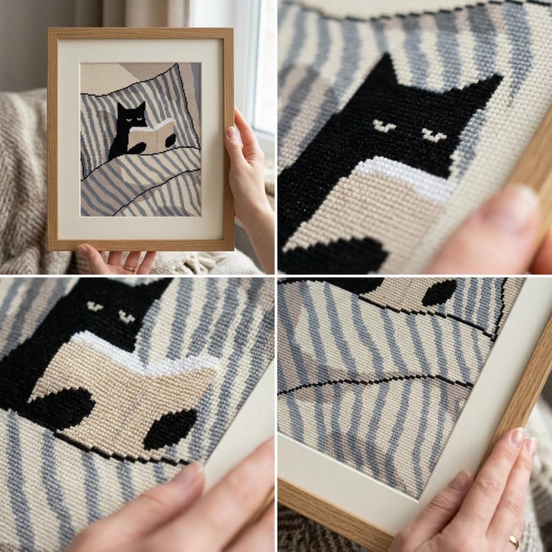 Op de afbeelding: Een ingelijst kruissteek borduurwerk met een zwarte kat die in bed onder een grijs en wit gestreepte deken ligt en een open boek leest. Het kunstwerk zit in een lichtgekleurde houten lijst met een witte passe-partout.