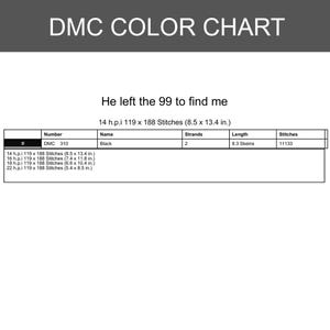 Pode incluir: Um gr&aacute;fico de cores DMC com o texto "DMC COLOR CHART" no topo. O gr&aacute;fico inclui o texto "He left the 99 to find me". O gr&aacute;fico inclui uma tabela com o n&uacute;mero, nome, fios, comprimento e pontos.