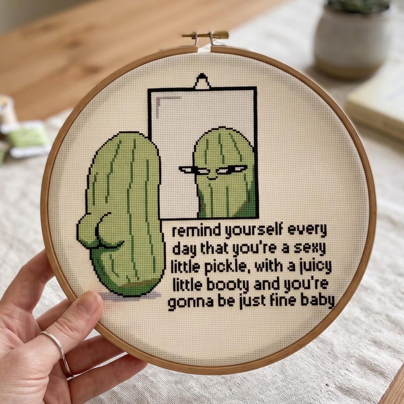 May include: A circular wooden embroidery hoop containing a cross-stitch design of a green pickle looking into a mirror. The pickle has a rounded bottom and wears sunglasses in the reflection. Text reads: remind yourself every day that you're a sexy little pickle, with a juicy little booty and you're gonna be just fine baby.