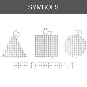 May include: A black and white pattern chart titled SYMBOLS featuring three bee-shaped figures in triangle, square, and circle outlines filled with numbers. Below the shapes, the text BEE DIFFERENT is displayed in a dotted font style.