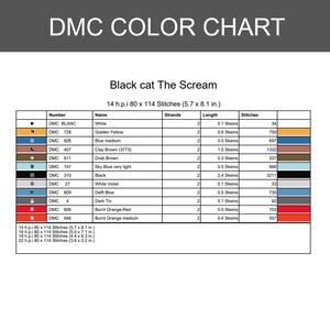 K&ouml;nnte beinhalten: Eine DMC-Farbkarte f&uuml;r ein Kreuzstichmuster mit dem Titel Black cat The Scream. Die Tabelle listet Garnnummern, Namen, Stranganzahl, L&auml;ngen in Str&auml;ngen und Stichanzahl f&uuml;r Farben wie Wei&szlig;, Gelb, Blau, Braun, Schwarz und Rot auf.